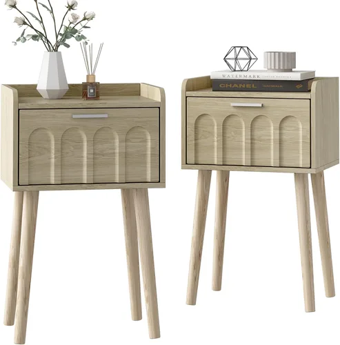 Miniatura 9 de LAATOOREE Juego de 2 mesitas de noche, mesa auxiliar de cama pequeña con puerta de arco, mesa auxiliar de mediados de siglo con patas de madera