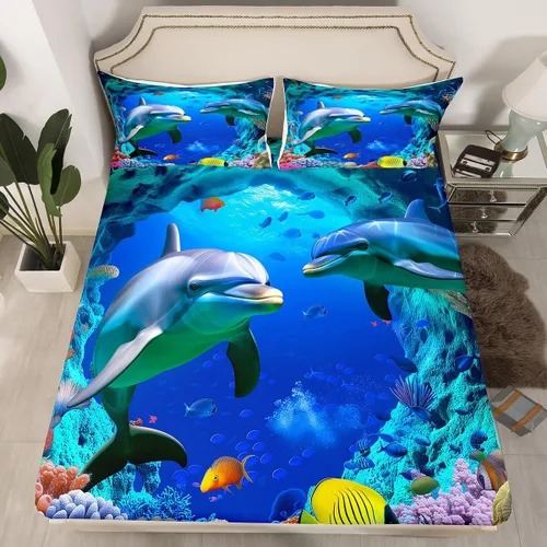 Miniatura 7 de Erosebridal Sábana bajera ajustable con diseño de delfín, diseño de playa oceánica, tamaño individual para niños, niñas, adolescentes, juego de ropa
