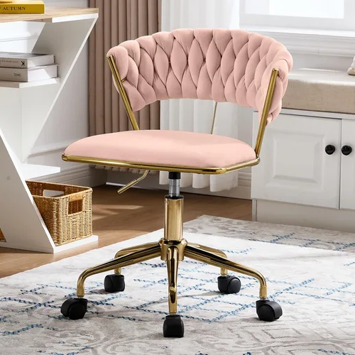 Miniatura 11 de NIOIIKIT Silla de oficina en casa, silla tapizada de terciopelo con respaldo abierto tejido, silla de escritorio giratoria de 360° con ruedas, silla