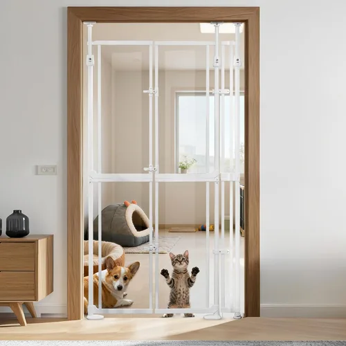 NiceTCU Puerta para gatos extra alta de 74.80-98.43 pulgadas, ajustable de 33.86-37.40 pulgadas de ancho, puerta completa transparente para