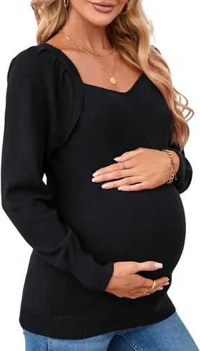 KOJOOIN Tops de maternidad para mujer, suéteres casuales con cuello en V, manga larga abombada, punto acanalado, para otoño, embarazo, babydoll