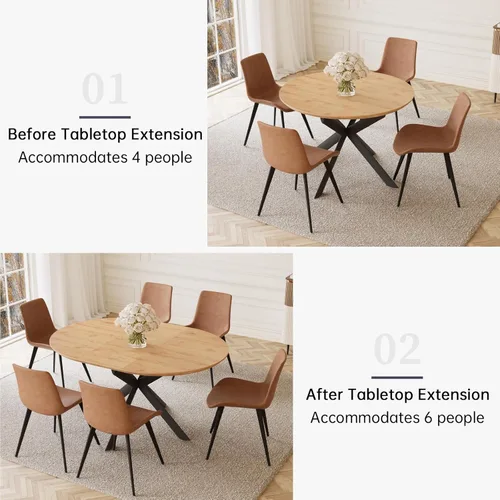Miniatura 3 de HIPIHOM - Mesa de comedor redonda extensible de 43.2"-59.1", mesa redonda moderna de madera de mediados de siglo, mesa de café de roble para ocio