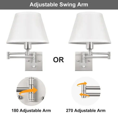 Miniatura 7 de TRLIFE Aplique de pared enchufable, juego de 2 lámparas de pared regulables con brazo oscilante de níquel cepillado, cable de enchufe y interruptor
