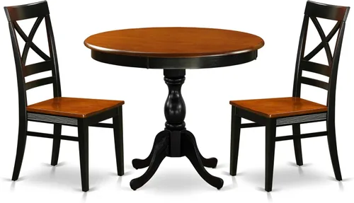 East West Furniture AMQU3-BCH-W - Juego de cocina antiguo de 3 piezas que contiene una mesa redonda con pedestal y 2 sillas de comedor, 36 x 36