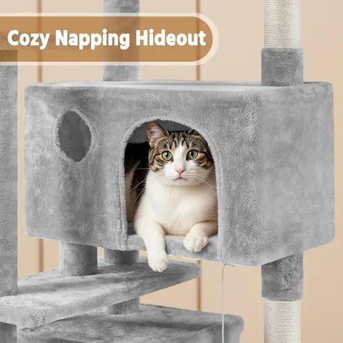 Miniatura 5 de Yaheetech - Torre de árbol para gatos de 62 pulgadas, mueble para mascotas con doble refugio, postes para rascar, múltiples plataformas y pelotas