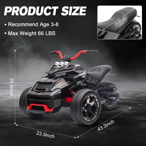 Miniatura 7 de Motocicleta eléctrica para niños de 12 V, rueda eléctrica de 3 ruedas, con luces LED, neumáticos EVA, velocidad alta y baja, bocina, música, negro