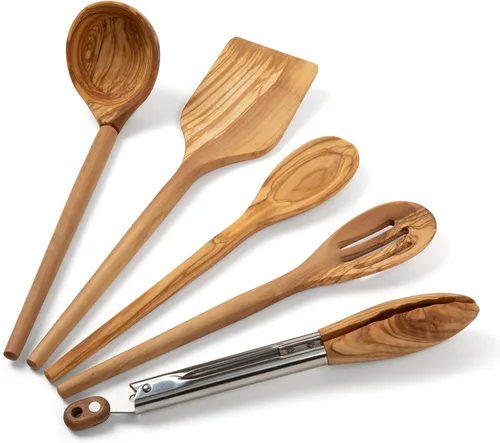 Miniatura 6 de Salt & York Juego de utensilios de cocina de madera de olivo de 5 piezas, incluye espátula, pinzas, cuchara ranurada, cucharón y cuchara de 12