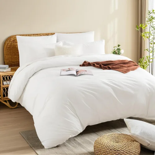 Miniatura 3 de NEXHOME PRO Funda de edredón de algodón para niños, tamaño twin, aspecto de lino, blanco, orgánico, natural, 100% algodón lavado, juego de ropa