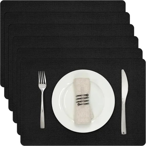 Myir JUN Juego de 6 manteles individuales de doble cara, de piel sintética, para interiores, para mesa de comedor, exteriores, cuadrados, Negro