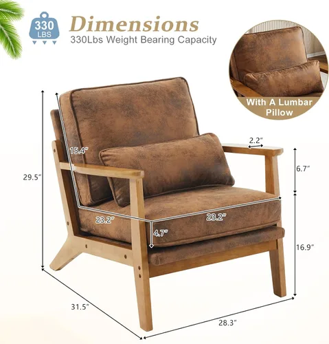 Miniatura 2 de VINGLI Juego de 2 sillas decorativas de madera maciza con reposabrazos anchos, sillas modernas tapizadas de mediados de siglo con almohada, silla