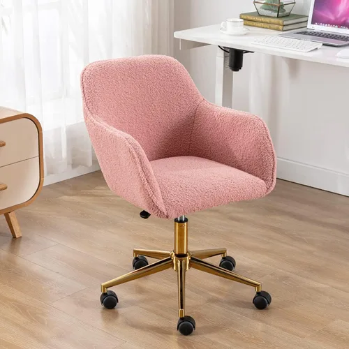 Miniatura 18 de Silla de escritorio giratoria peluda, silla de oficina tapizada de tela de peluche blanca, silla de tocador con ruedas ajustable en altura