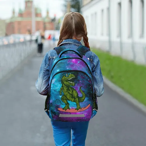 Miniatura 6 de Mochila para laptop con diseño de dinosaurio, color rosa y azul, con diseño de galaxia, bolsa de viaje, casual, con correa para el pecho, para niños