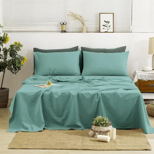 Miniatura 16 de TUMEI - Juego de ropa de cama de lino de 4 piezas, tamaño king, verde, suave, transpirable y duradero, con sábana ajustable de bolsillo profundo