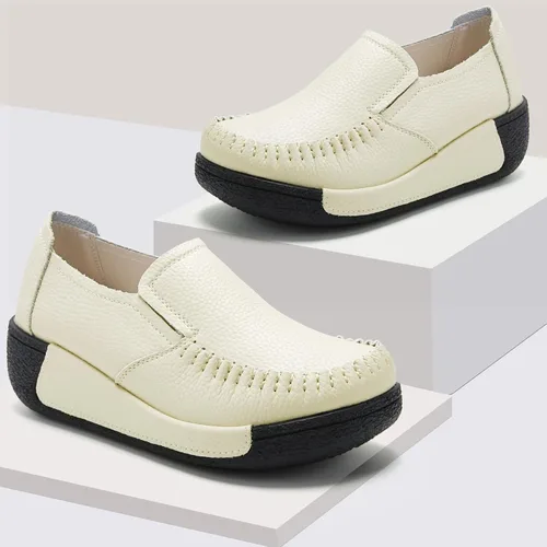 Miniatura 18 de UZB Mocasines de cuero sin cordones para mujer, cómodos zapatos de plataforma casuales