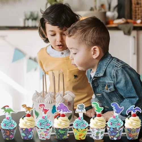 Miniatura 6 de 48 piezas de adornos y envoltorios de dinosaurios para cupcakes, dinosaurios de dibujos animados para niños y niñas, fiesta de cumpleaños, baby