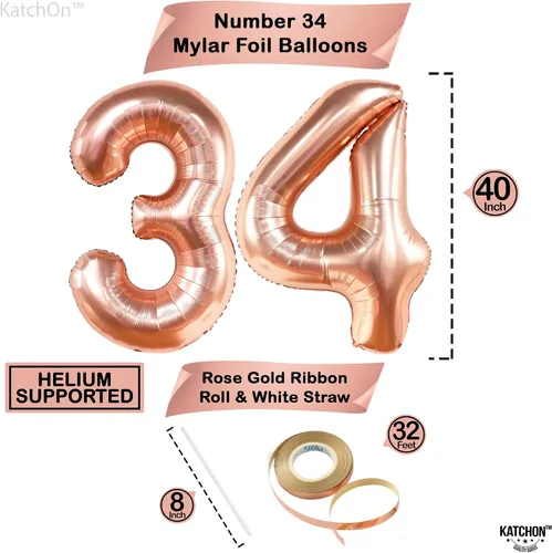 Miniatura 4 de Katchon, Globos gigantes de oro rosa con el número 34, 40 pulgadas, decoraciones de cumpleaños número 34 para mujer, globos de oro rosa del número