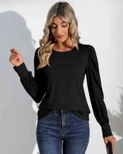 Miniatura 4 de Riyiper 2 piezas de camisetas de manga larga abombadas para mujer, estilo casual, holgadas, cuello redondo, puños con botón