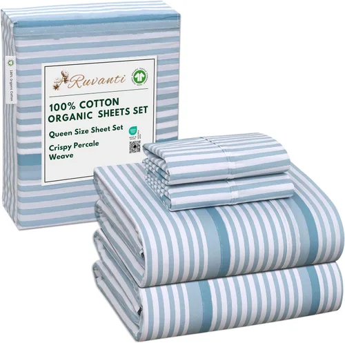 Miniatura 166 de RUVANTI Juego de sábanas de algodón orgánico 100% tamaño completo, tejido de percal, certificado GOTS, juego de 4 piezas, bolsillo profundo de 15