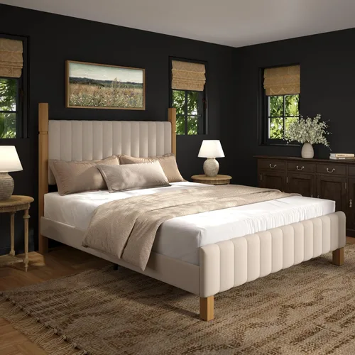 Miniatura 11 de Yechen Base de cama Queen con cabecero, marco de cama de madera con postes de madera maciza, no necesita somier, lino beige Sábanas beige