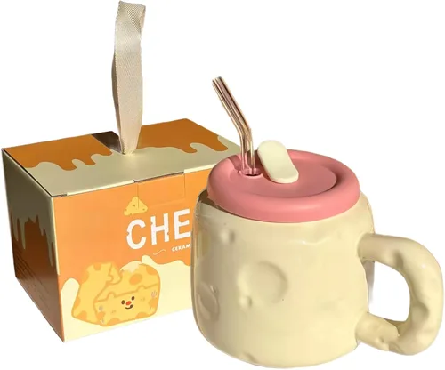 Miniatura 5 de Juego de tazas de cerámica en forma de queso de 25 onzas – Taza de café de cerámica bonita con tapa y pajita, taza de café grande regalo