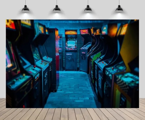 Telón de fondo vintage de 5 x 3 pies, máquinas tragamonedas de juegos de azar de casino, fondo azul retro de los años 80, decoración de fiesta de
