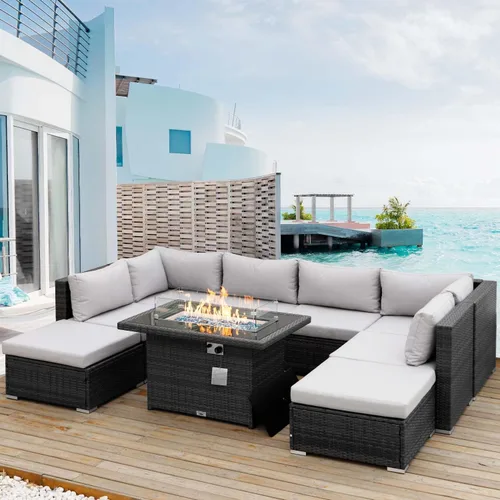 Miniatura 13 de NICESOUL Juego de muebles de patio modernos y extra grandes de 7 piezas con hoguera, cómodos juegos modulares para 6 personas para exteriores, sofá
