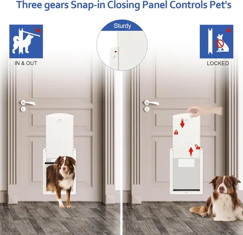 Miniatura 5 de Puertas para perros Classicmacher con marco blanco para perros medianos, puerta de mascotas de plástico resistente con panel de cerradura deslizante