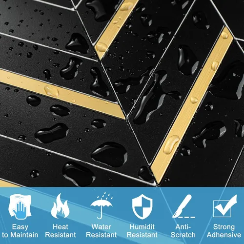 Miniatura 3 de 10 hojas de azulejos de espiga para despegar y pegar, mármol negro mezclado con metal dorado, PVC autoadhesivo para salpicaderos de cocina y baño