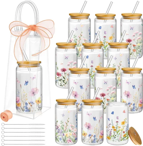 Miniatura 8 de Mumufy 6 Juegos de Tazas de Vidrio Florales Bohemias con Bolsa de Regalo Transparente de 16 onzas, Tazas de Café Helado Reutilizables con Flores
