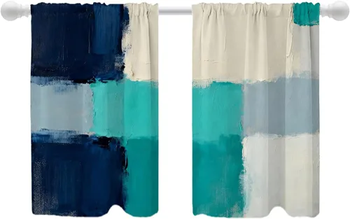 Miniatura 68 de Shrahala Beige and Orange Abstract Art Brushstrokes Blackout Curtain Tiers, Abstract Oil Paint Kitchen Valance Light Blocking Tier Drapes with Rod