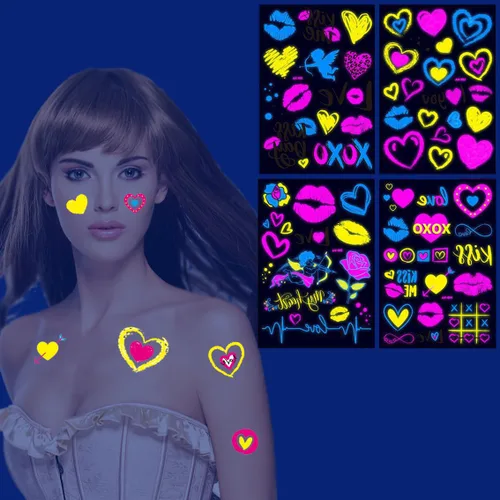 Tatuajes temporales de corazón que brillan en la oscuridad, tatuajes temporales luminosos de neón para el día de San Valentín, novia, boda, San