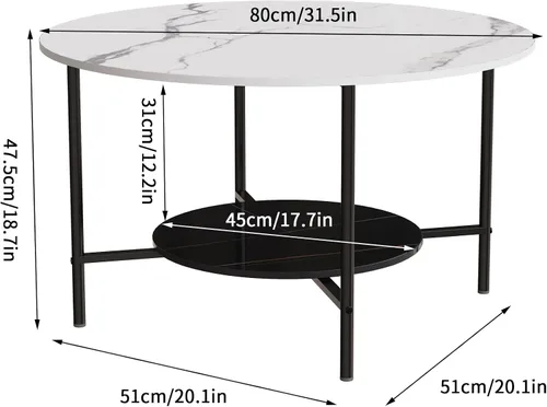 Miniatura 3 de Wisfor Mesa de centro de mármol para sofá de mesa: mesa central redonda de piedra sinterizada blanca de 2 niveles con Fram negro para sala de estar