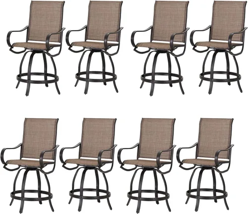 Miniatura 14 de PHI VILLA Juego de 2 taburetes de bar giratorios para exteriores, sillas de patio de altura de mostrador con tela textil impermeable, marrón, marco