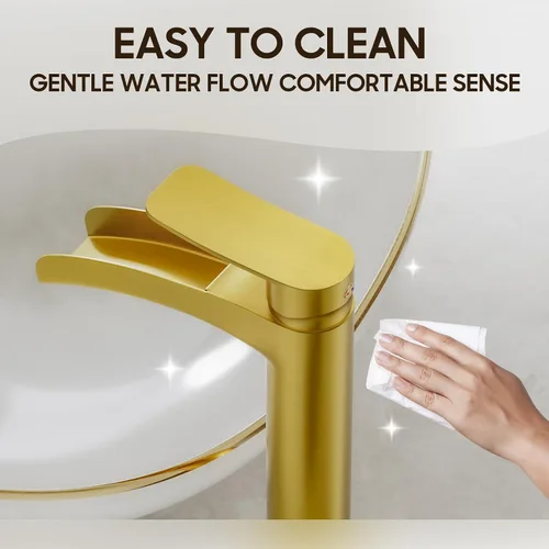 Miniatura 7 de Phiestina NS-SF01-BG-V - Grifo de fregadero alto de baño de oro cepillado, llave única de un solo agujero, cascada moderna, con drenaje desplegable