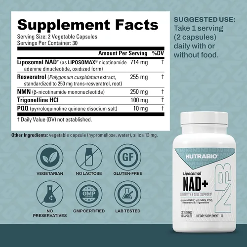 Miniatura 2 de NutraBio Suplemento liposomal NAD+ con resveratrol, NMN y PQQ para la longevidad y el apoyo celular para hombres y mujeres, vitalidad a largo plazo