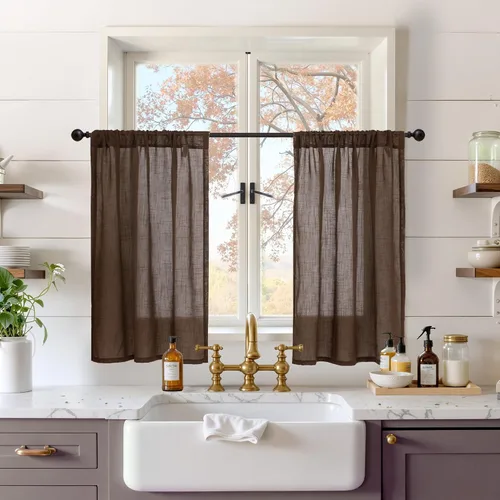 Miniatura 88 de BGment Cortinas de lino café de 30 pulgadas de largo para ventana pequeña, cortinas de media ventana beige semitransparentes ligeras con bolsillo