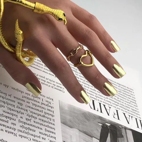 Miniatura 12 de Uñas Postizas Cuadradas de Cromo Púrpura Cortas Medianas para Presionar, KQueenest Uñas Acrílicas Falsas de Plateado Metálico Espejo para Presionar