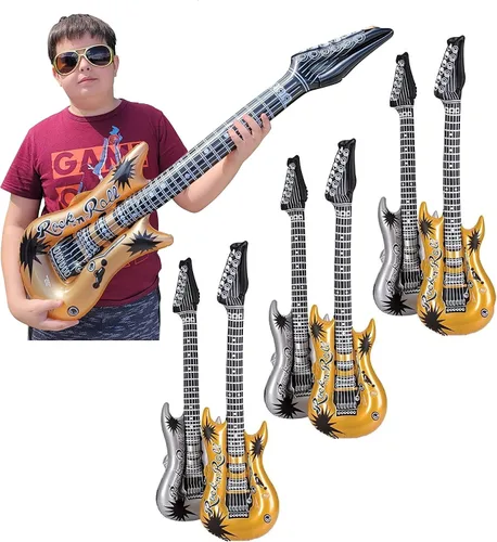 Zugar Land Guitarra inflable de roca (42 pulgadas). Vinilo perfecto para fiesta, DJ Dance 80s Rocker (oro y plata (paquete de 6), multicolor, 42