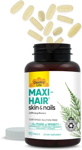 Miniatura 9 de Country Life Suplemento Maxi-Hair - 2000 mcg de biotina y vitaminas para cabello, piel y uñas - Certificado sin gluten y vegetariano - Apoya
