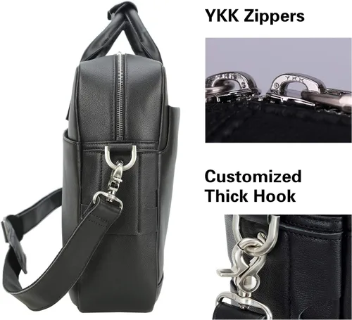 Miniatura 6 de Maletín de cuero genuino de grano completo para hombre de 16 pulgadas, bolsa de mensajero con cremalleras YKK (negro)