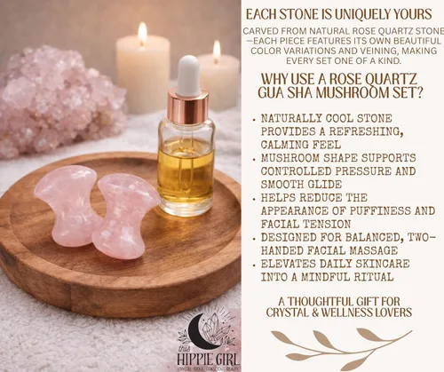 Miniatura 5 de Este juego de hongos Gua Sha para niña hippie, herramienta de masaje para tonificación facial de cuarzo rosa y esculpir yoga, herramientas