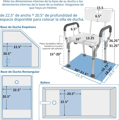 Miniatura 3 de Silla de ducha Vaunn, asiento de baño con brazos acolchados, respaldo extraíble y patas ajustables para seguridad en la bañera y soporta un