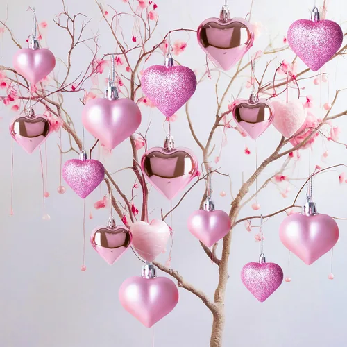 Miniatura 7 de 48 adornos para el día de San Valentín, decoraciones en forma de corazón rosa, 2 tamaños de bolas colgantes, adornos brillantes para boda
