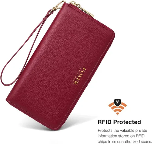 Miniatura 4 de FOXLOVER Carteras de cuero genuino para mujer, con bloqueo RFID, con cremallera, con pulsera