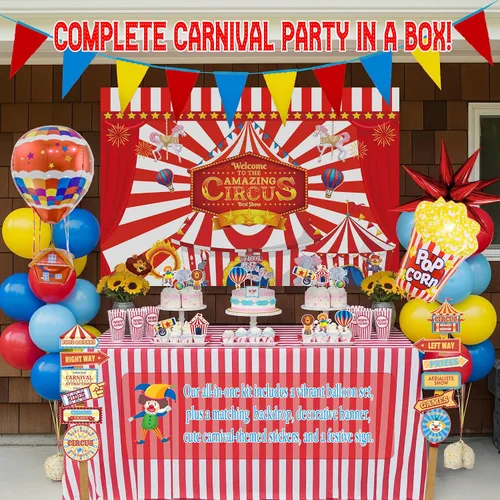 Miniatura 5 de Decoraciones de fiesta de cumpleaños con temática de circo e incluyen guirnalda de globos rojos, azules y amarillos y globos de papel de aluminio