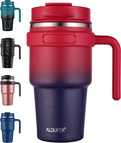 Taza de café aislada de 20 onzas con asa, vaso de viaje de acero inoxidable con tapa y popote, taza térmica de doble pared al vacío a prueba de