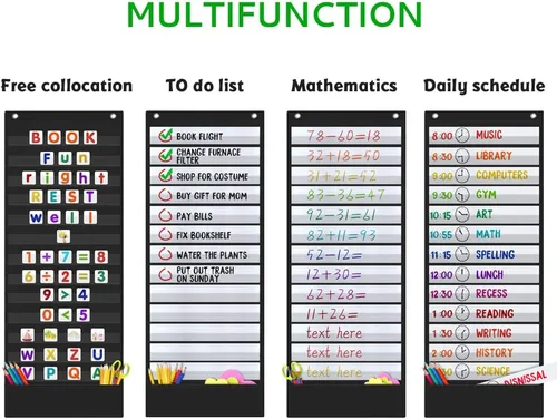 Miniatura 3 de Tabla de bolsillo de horario diario, 13+1 tabla de bolsillo de programación con 18 tarjetas de borrador en seco, gráficos educativos para aula