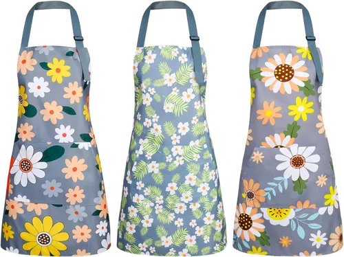 BOUMUSOE Paquete de 3 delantales florales con bolsillo, delantales para mujer, impermeables, ajustables, para cocina, jardinería