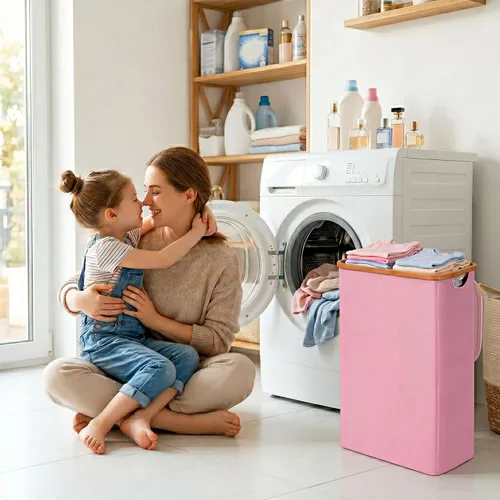 Miniatura 6 de iEGrow Cesta de lavandería delgada de 65L, cesta de lavandería estrecha con tapa, cesta de ropa plegable con asas de bambú, cesta de lavandería