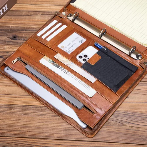 Miniatura 4 de Portafolio de cuero genuino con encuadernador de 3 anillas, portafolio de cuero de grano completo con cremallera, organizador de carpeta Marrón